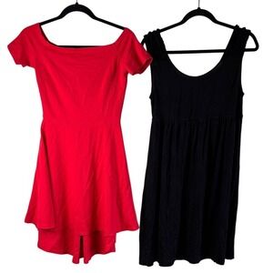 Set of Two Size Large Mini Dresses Red Skater Black Coverup
